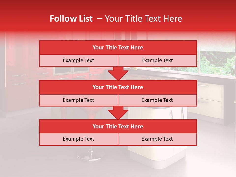 A Red And White Kitchen With Black Counter Tops PowerPoint Template