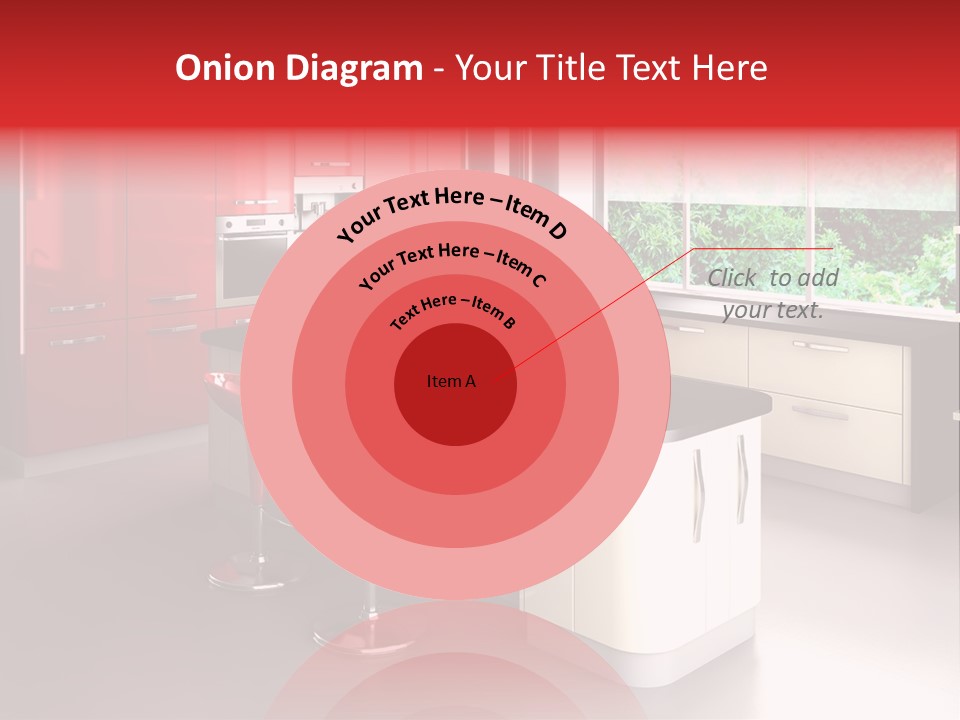 A Red And White Kitchen With Black Counter Tops PowerPoint Template