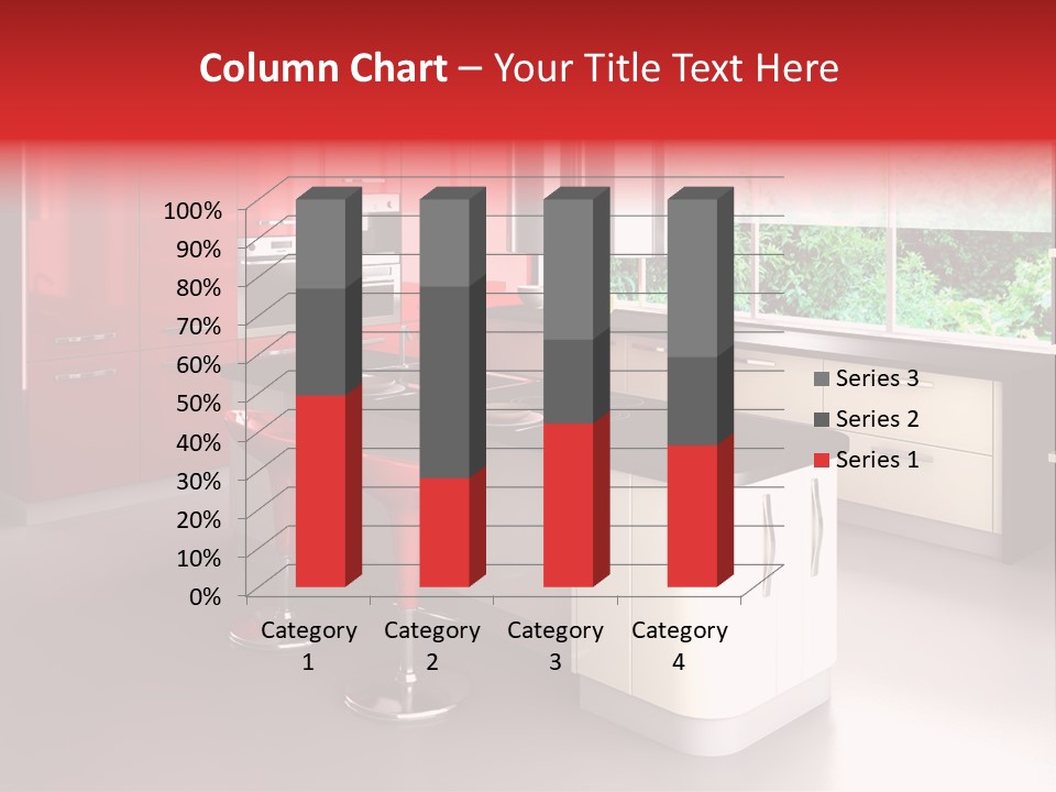 A Red And White Kitchen With Black Counter Tops PowerPoint Template
