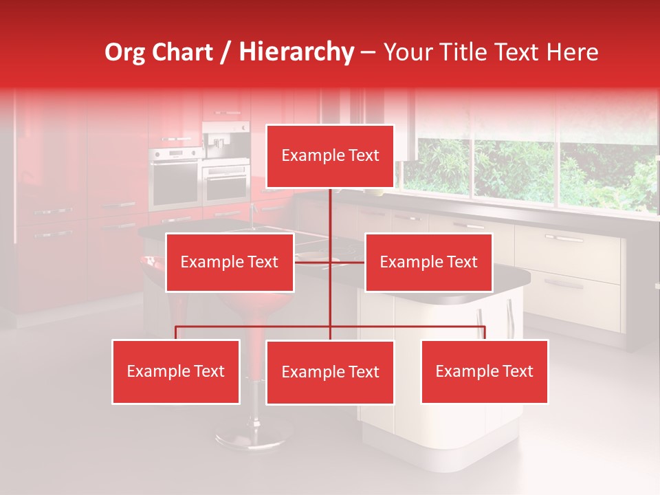 A Red And White Kitchen With Black Counter Tops PowerPoint Template