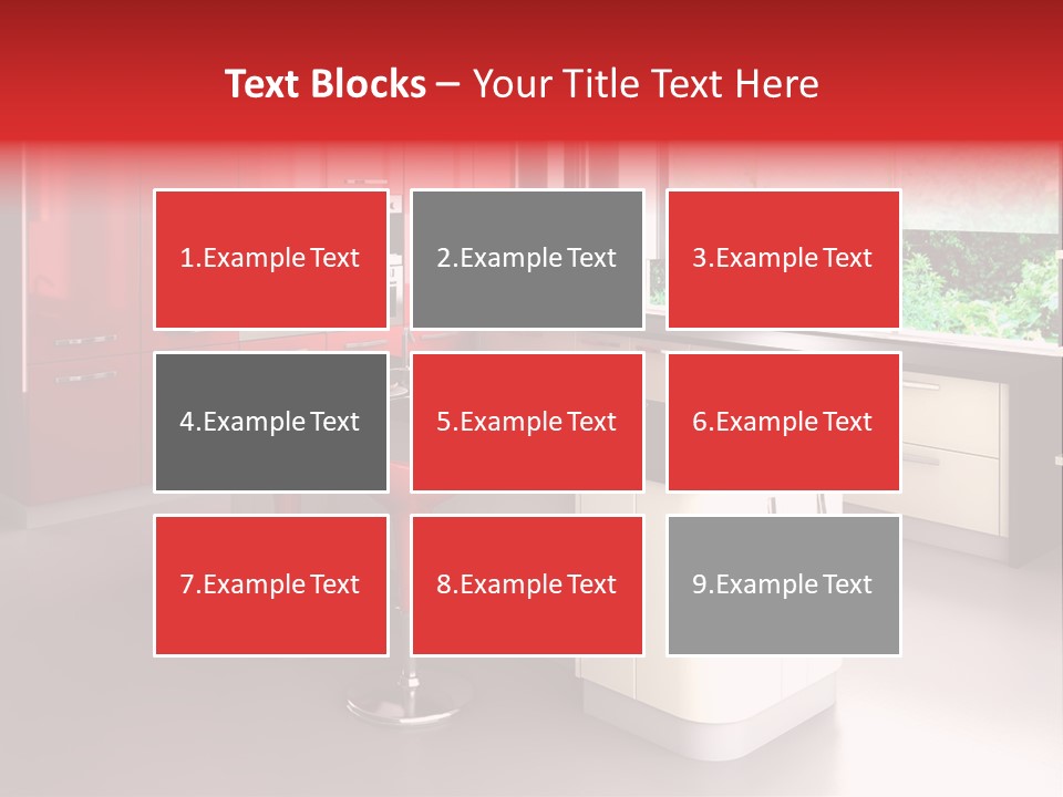 A Red And White Kitchen With Black Counter Tops PowerPoint Template
