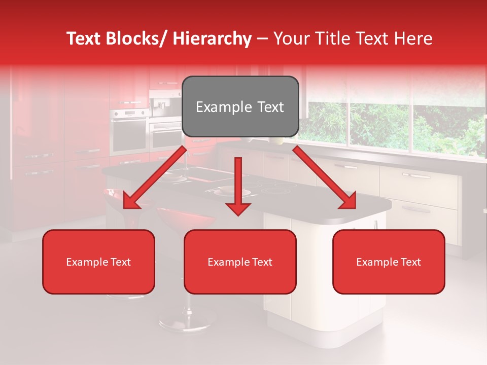 A Red And White Kitchen With Black Counter Tops PowerPoint Template