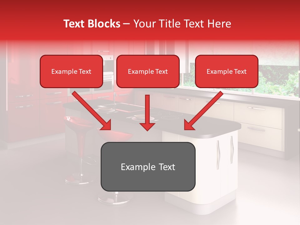A Red And White Kitchen With Black Counter Tops PowerPoint Template