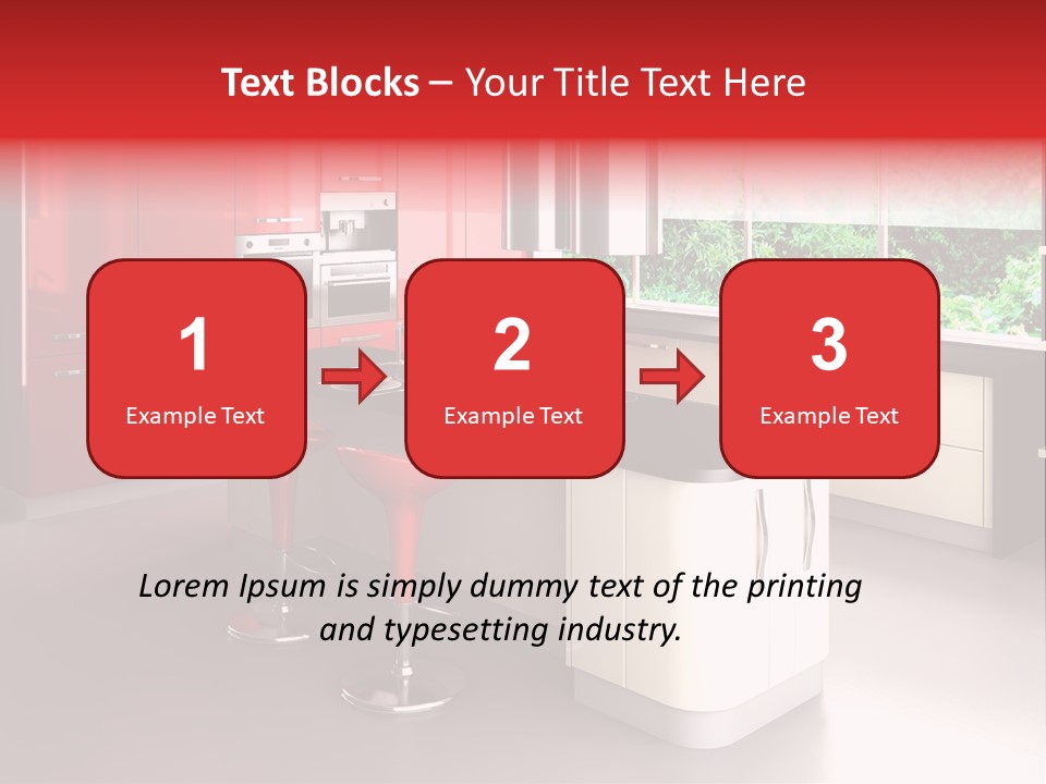 A Red And White Kitchen With Black Counter Tops PowerPoint Template