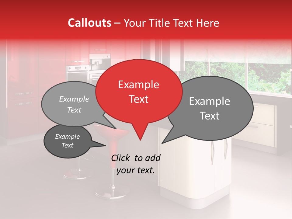 A Red And White Kitchen With Black Counter Tops PowerPoint Template