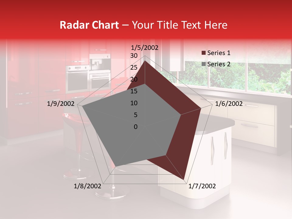 A Red And White Kitchen With Black Counter Tops PowerPoint Template