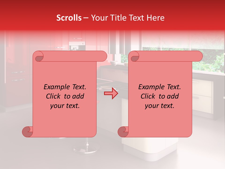 A Red And White Kitchen With Black Counter Tops PowerPoint Template