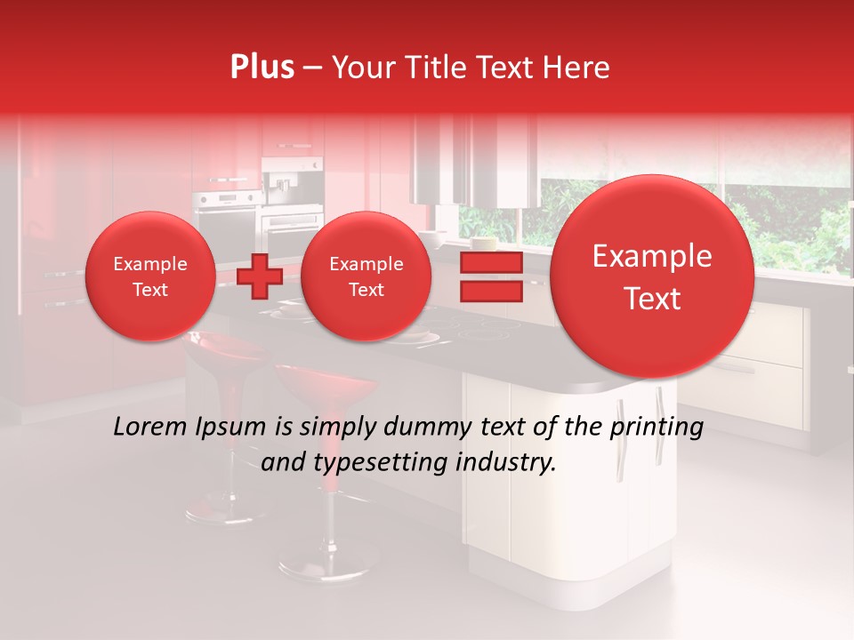 A Red And White Kitchen With Black Counter Tops PowerPoint Template
