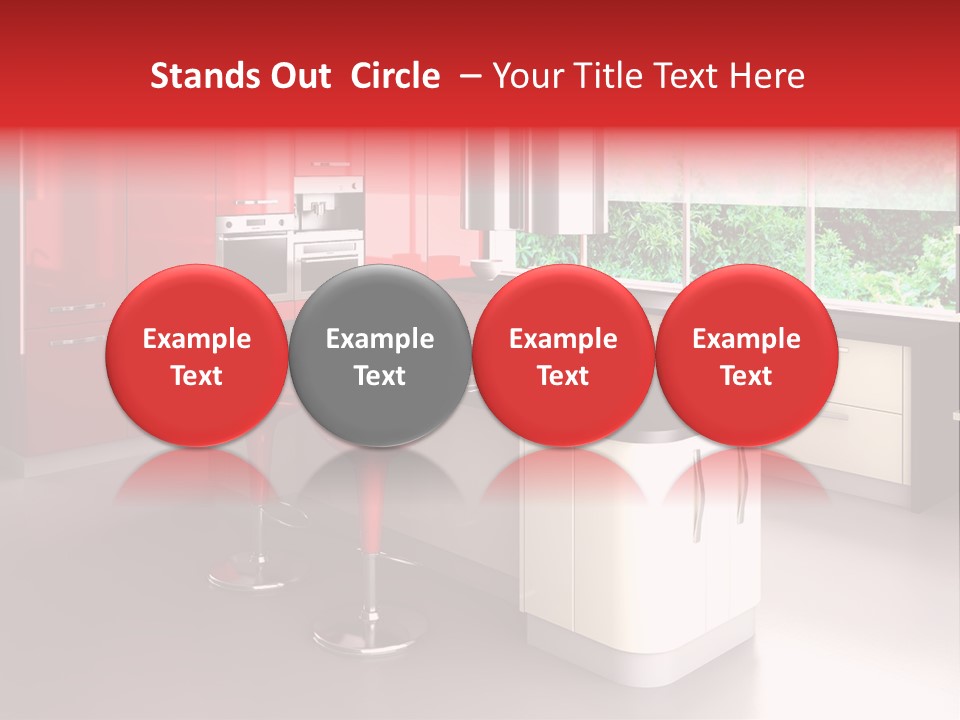 A Red And White Kitchen With Black Counter Tops PowerPoint Template