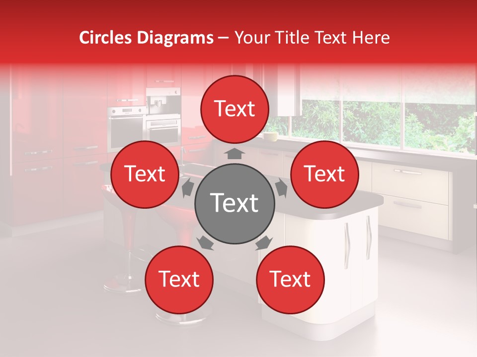 A Red And White Kitchen With Black Counter Tops PowerPoint Template