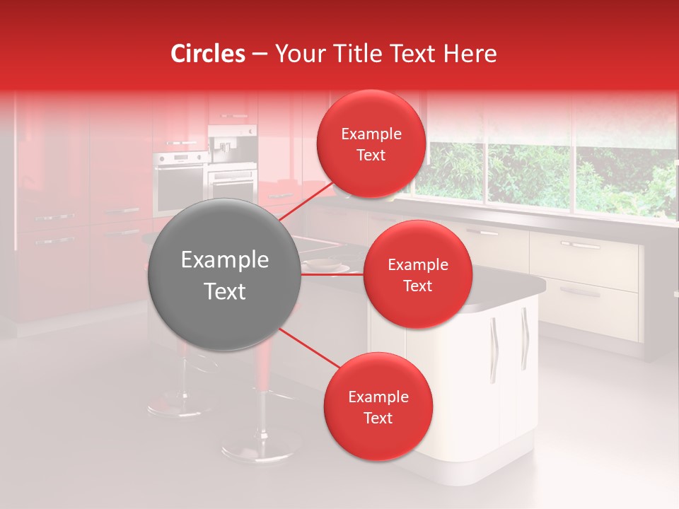 A Red And White Kitchen With Black Counter Tops PowerPoint Template