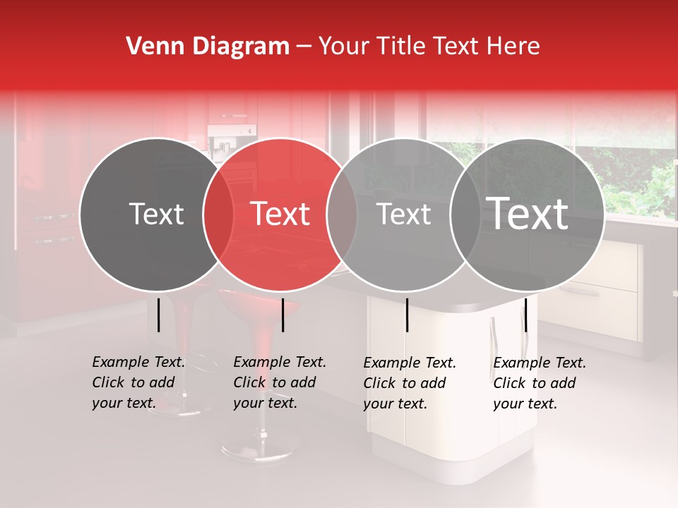 A Red And White Kitchen With Black Counter Tops PowerPoint Template