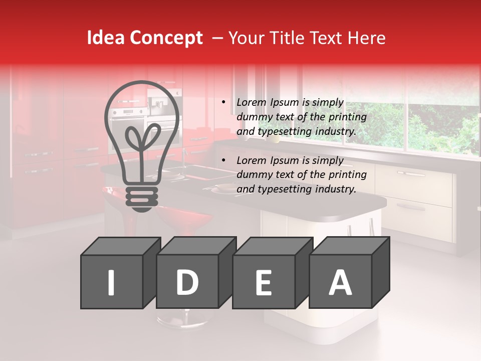 A Red And White Kitchen With Black Counter Tops PowerPoint Template