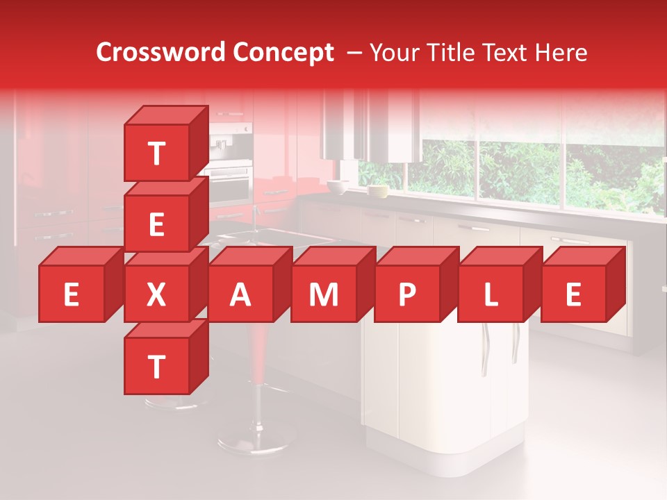 A Red And White Kitchen With Black Counter Tops PowerPoint Template
