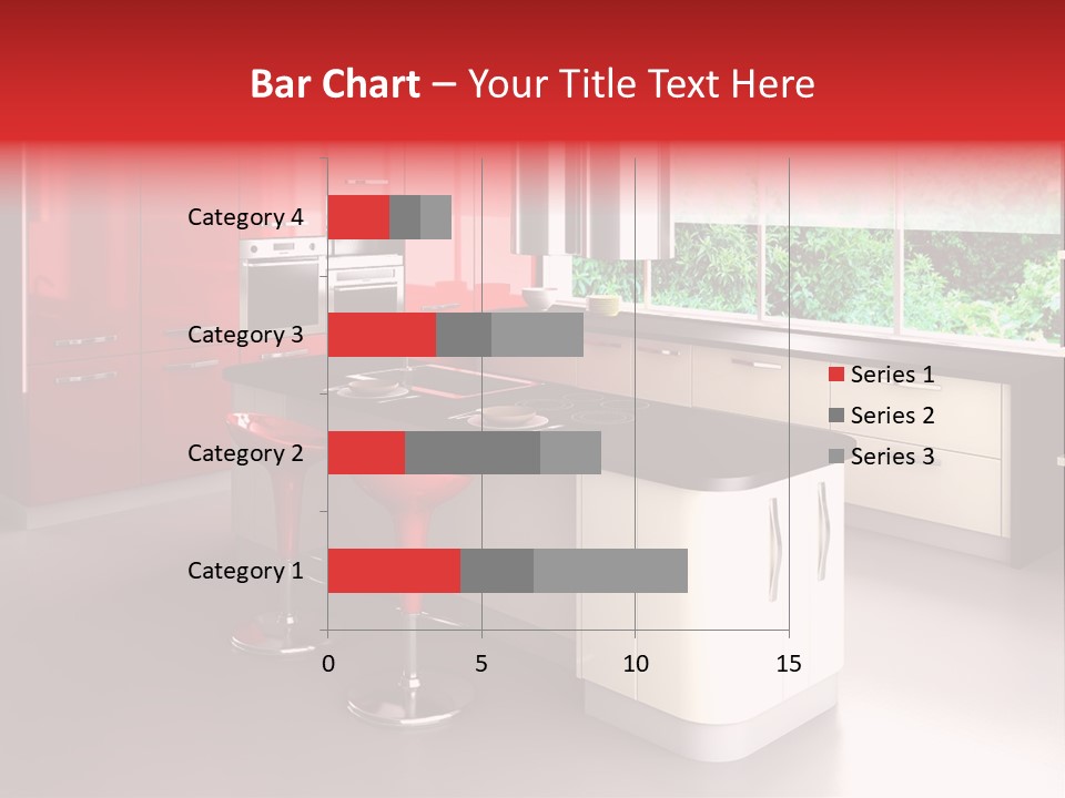 A Red And White Kitchen With Black Counter Tops PowerPoint Template