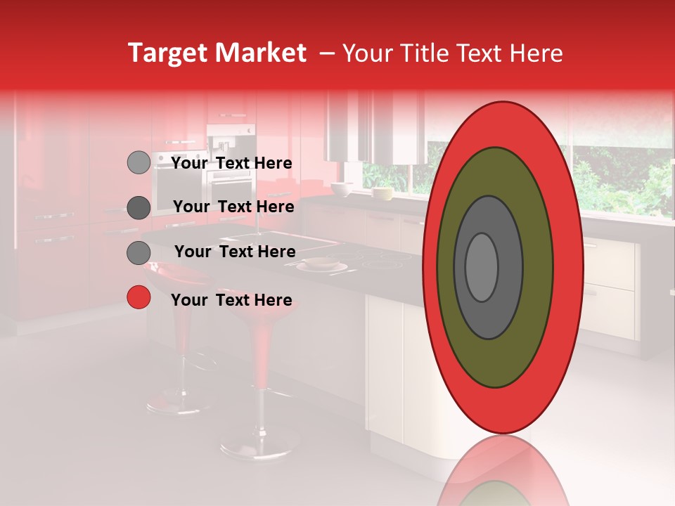 A Red And White Kitchen With Black Counter Tops PowerPoint Template