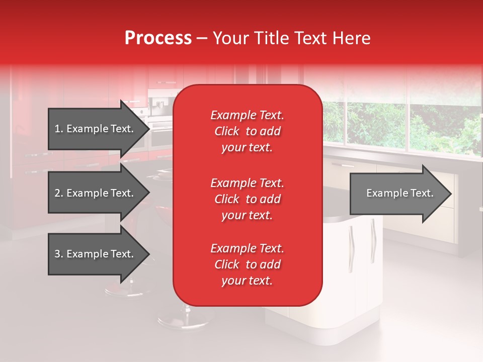 A Red And White Kitchen With Black Counter Tops PowerPoint Template
