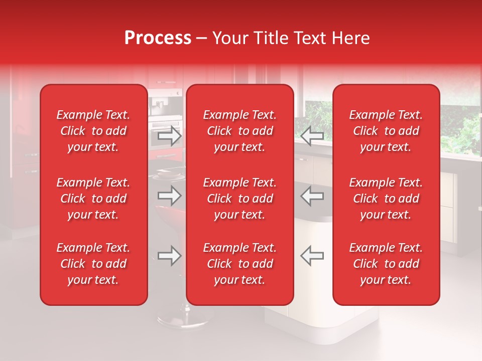A Red And White Kitchen With Black Counter Tops PowerPoint Template