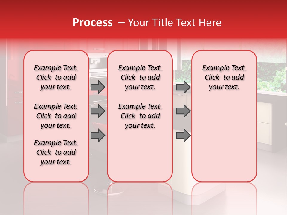A Red And White Kitchen With Black Counter Tops PowerPoint Template