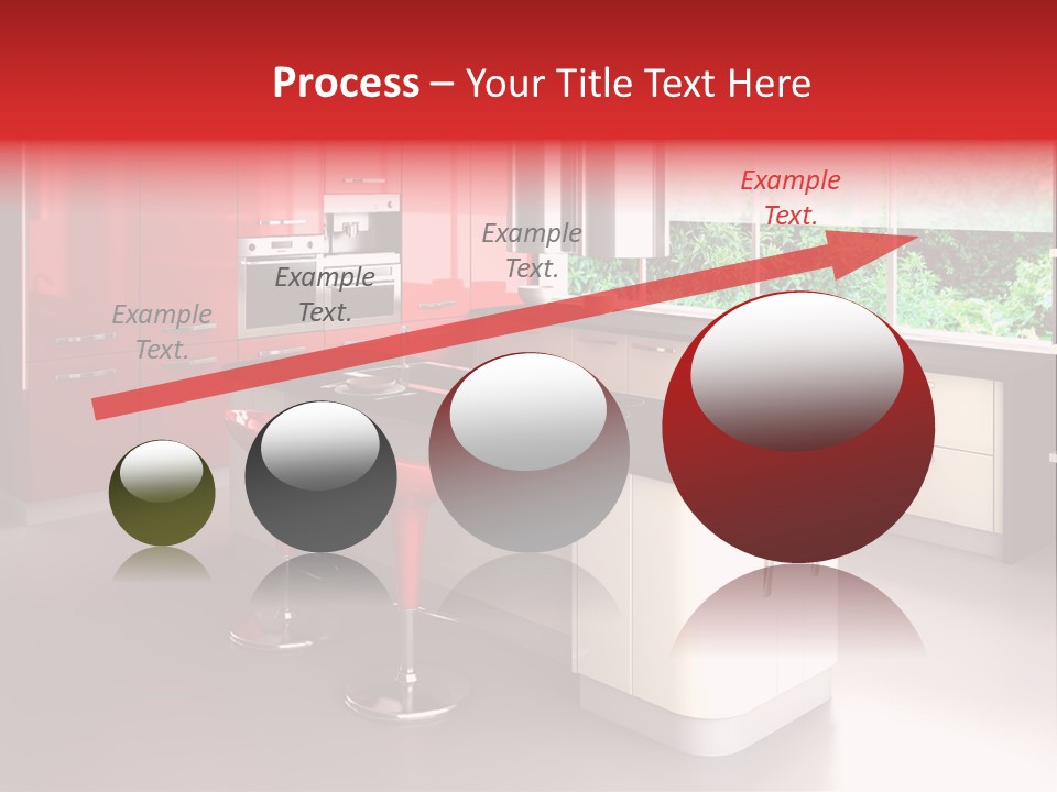 A Red And White Kitchen With Black Counter Tops PowerPoint Template