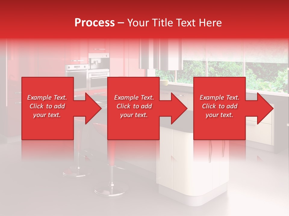 A Red And White Kitchen With Black Counter Tops PowerPoint Template