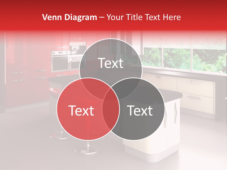 A Red And White Kitchen With Black Counter Tops PowerPoint Template