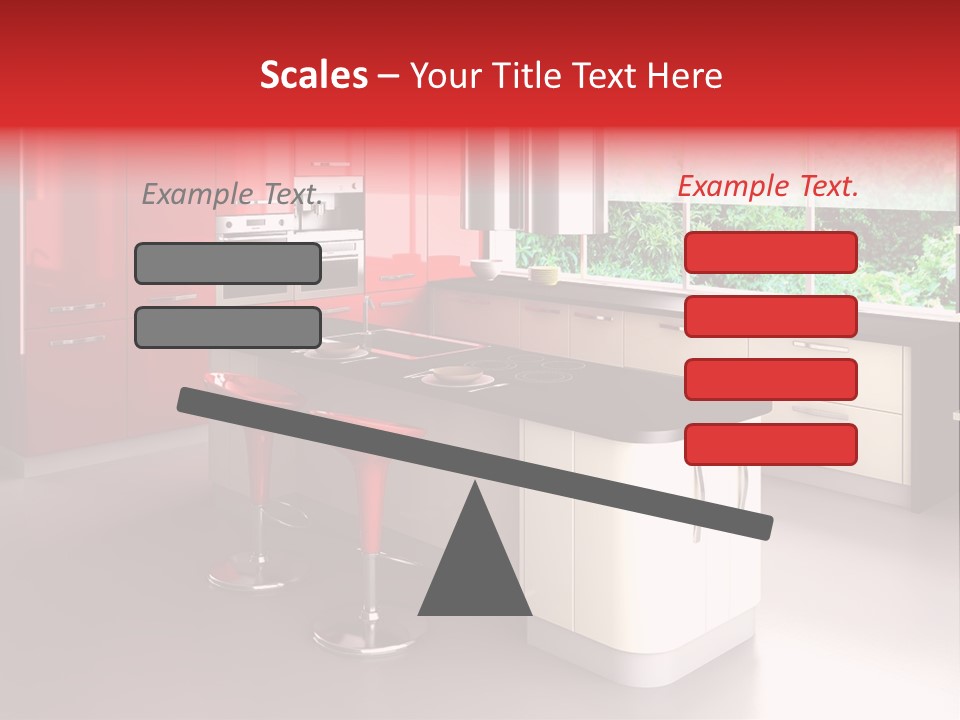 A Red And White Kitchen With Black Counter Tops PowerPoint Template