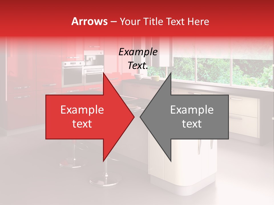 A Red And White Kitchen With Black Counter Tops PowerPoint Template
