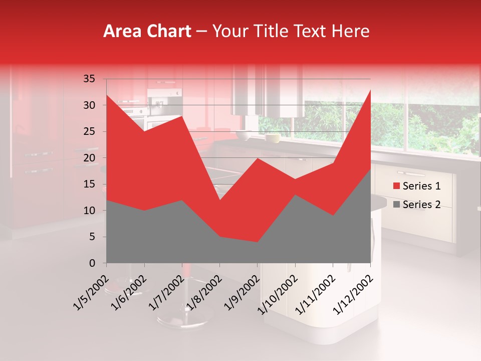 A Red And White Kitchen With Black Counter Tops PowerPoint Template
