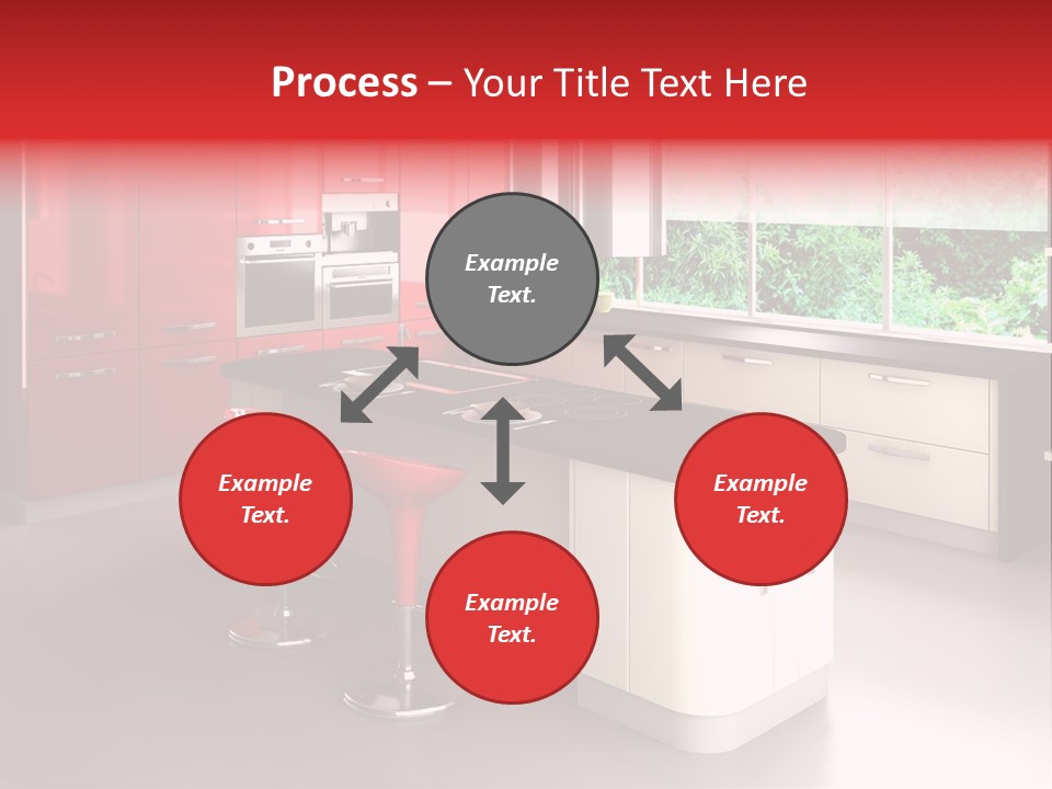 A Red And White Kitchen With Black Counter Tops PowerPoint Template