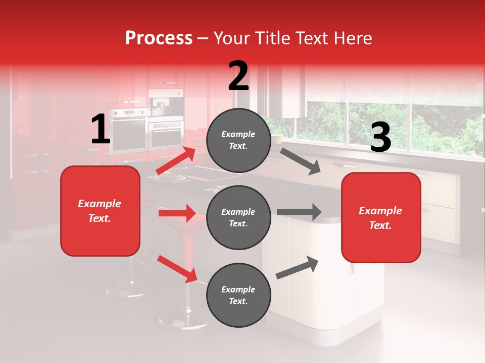 A Red And White Kitchen With Black Counter Tops PowerPoint Template