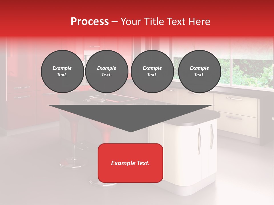 A Red And White Kitchen With Black Counter Tops PowerPoint Template