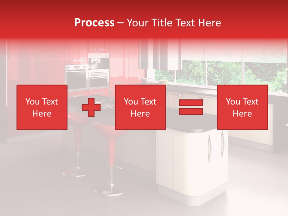 A Red And White Kitchen With Black Counter Tops PowerPoint Template