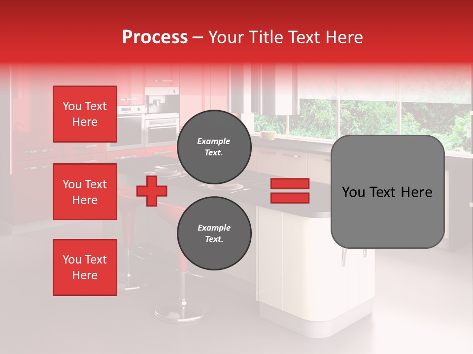 A Red And White Kitchen With Black Counter Tops PowerPoint Template