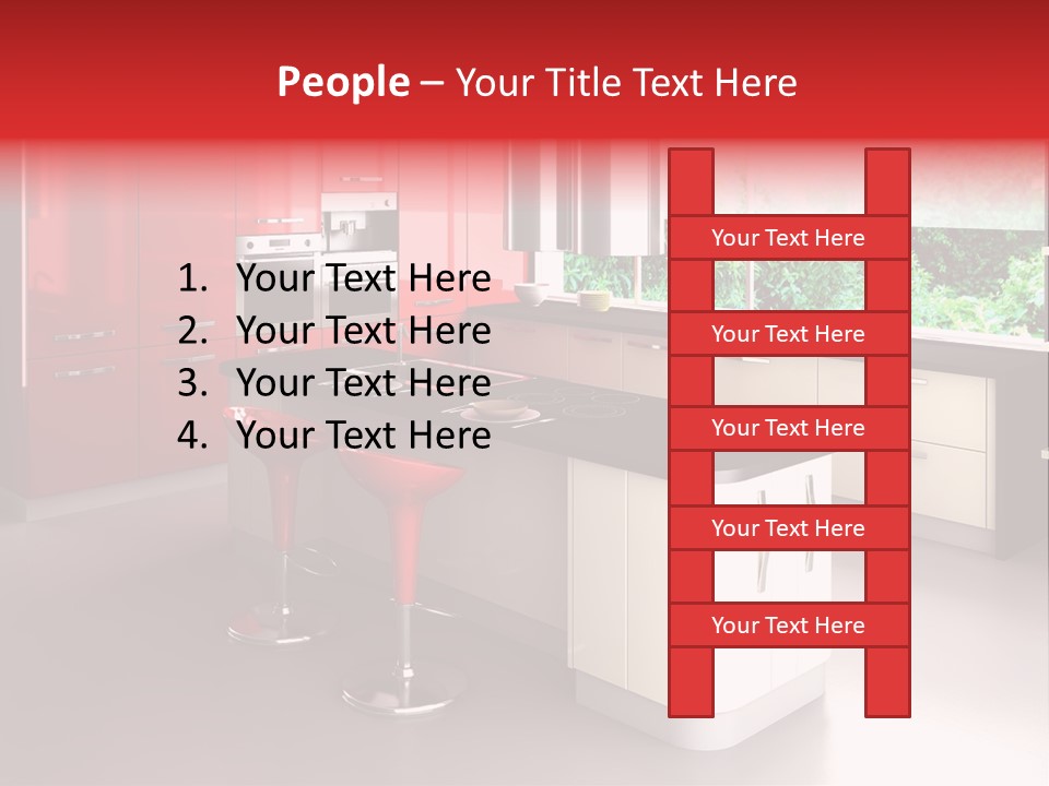 A Red And White Kitchen With Black Counter Tops PowerPoint Template