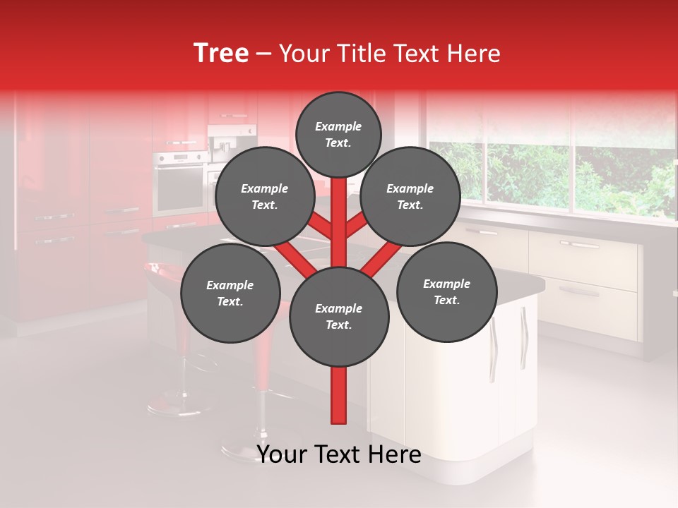 A Red And White Kitchen With Black Counter Tops PowerPoint Template