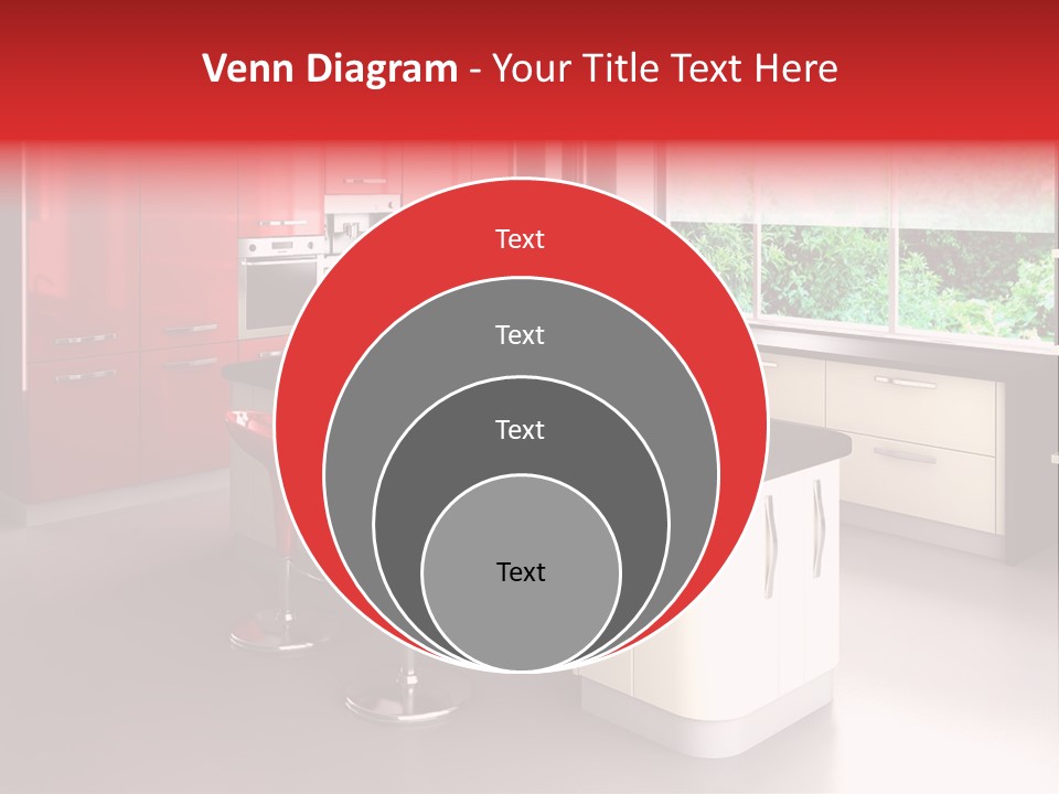 A Red And White Kitchen With Black Counter Tops PowerPoint Template