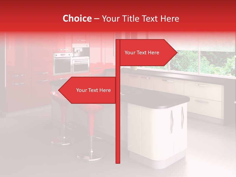 A Red And White Kitchen With Black Counter Tops PowerPoint Template