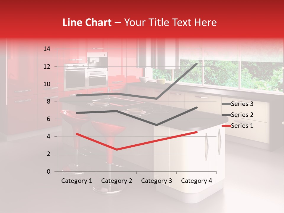 A Red And White Kitchen With Black Counter Tops PowerPoint Template