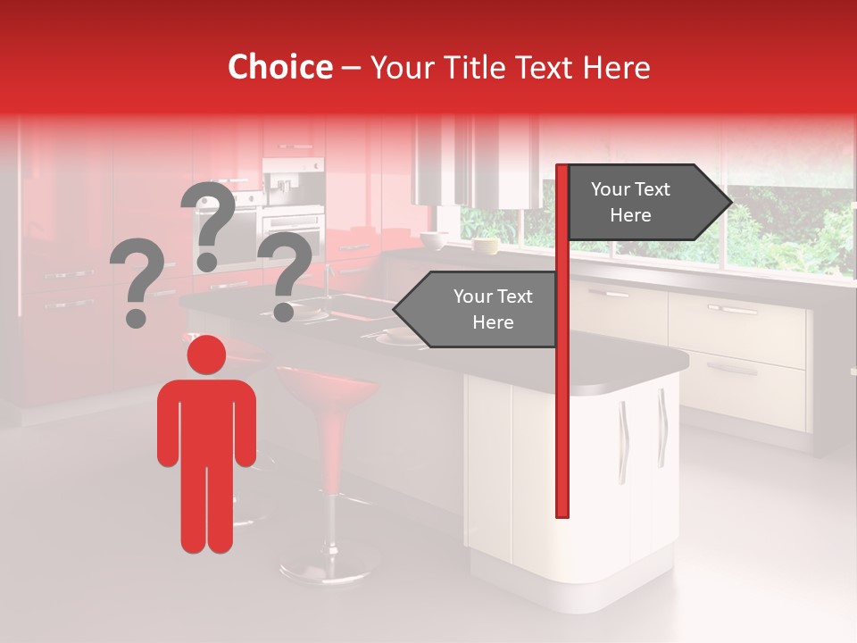 A Red And White Kitchen With Black Counter Tops PowerPoint Template