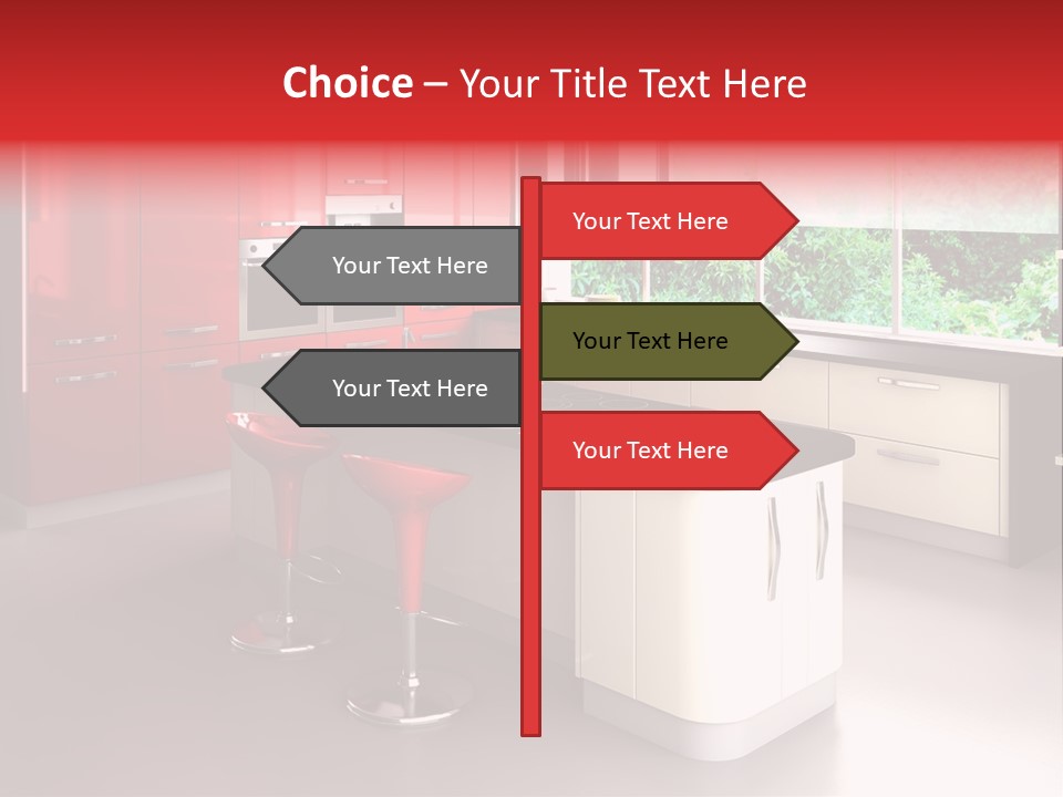 A Red And White Kitchen With Black Counter Tops PowerPoint Template