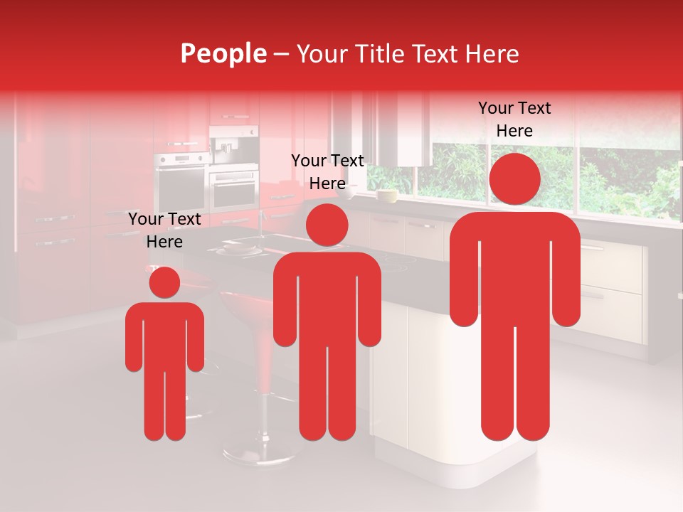 A Red And White Kitchen With Black Counter Tops PowerPoint Template