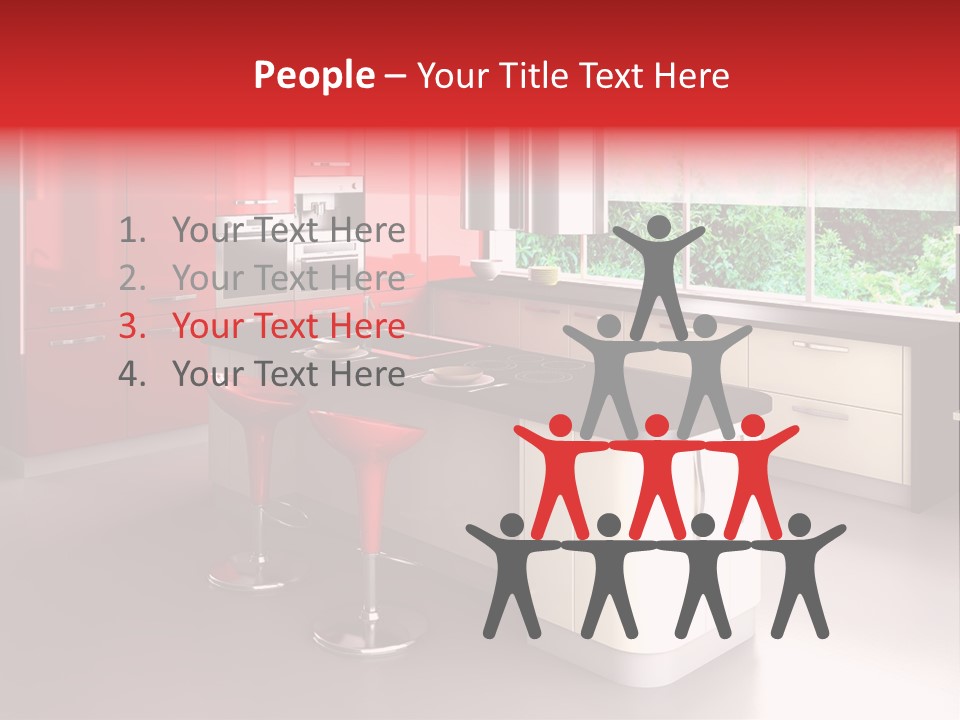 A Red And White Kitchen With Black Counter Tops PowerPoint Template