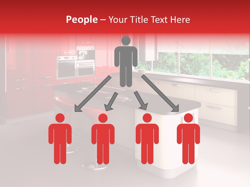 A Red And White Kitchen With Black Counter Tops PowerPoint Template