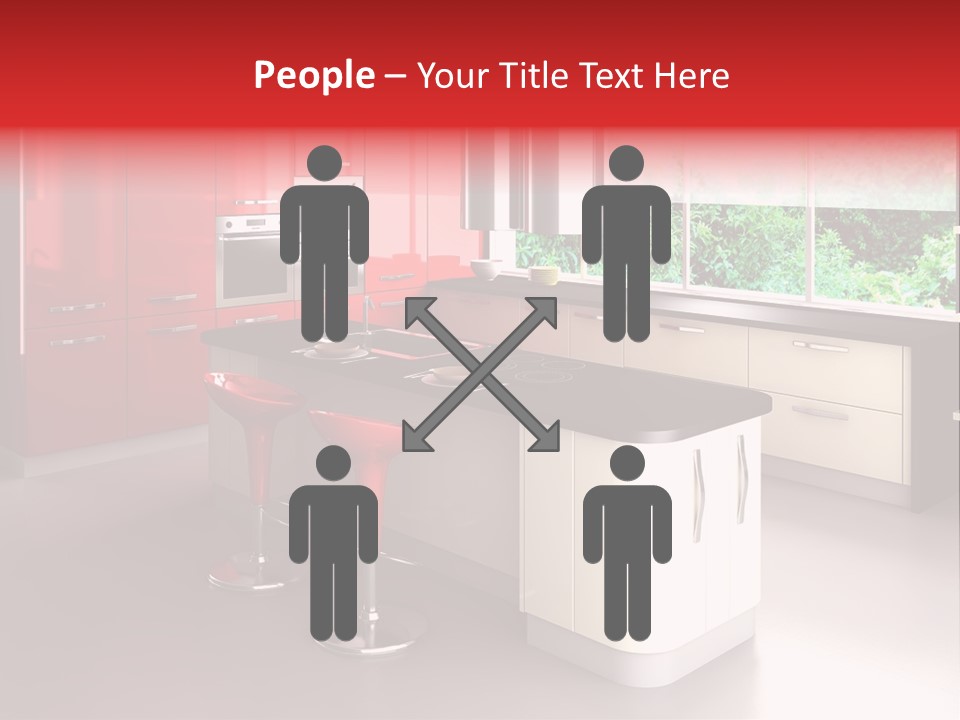 A Red And White Kitchen With Black Counter Tops PowerPoint Template