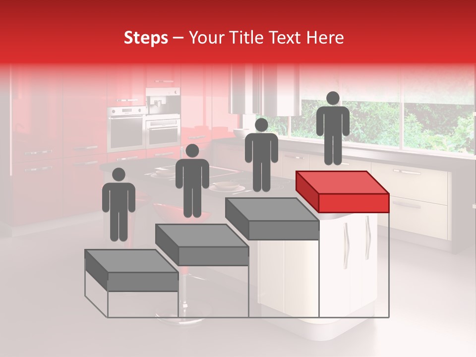 A Red And White Kitchen With Black Counter Tops PowerPoint Template