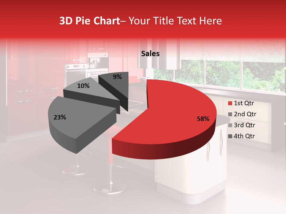 A Red And White Kitchen With Black Counter Tops PowerPoint Template