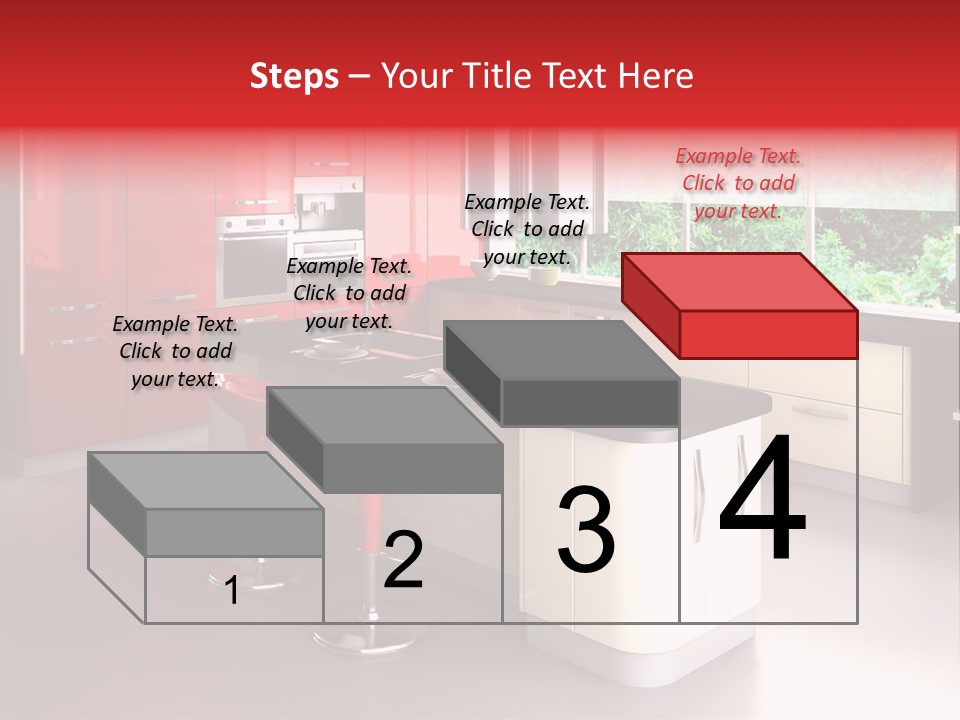 A Red And White Kitchen With Black Counter Tops PowerPoint Template