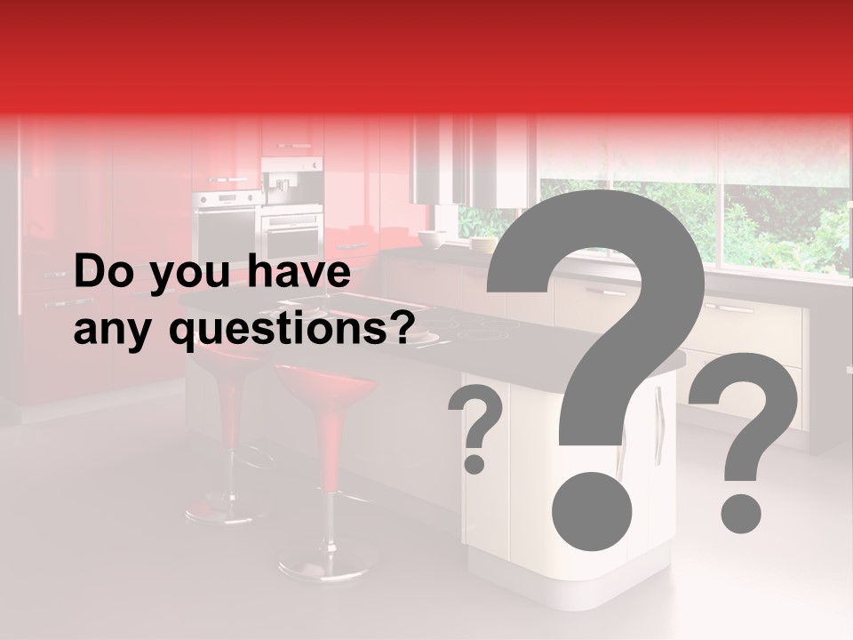 A Red And White Kitchen With Black Counter Tops PowerPoint Template