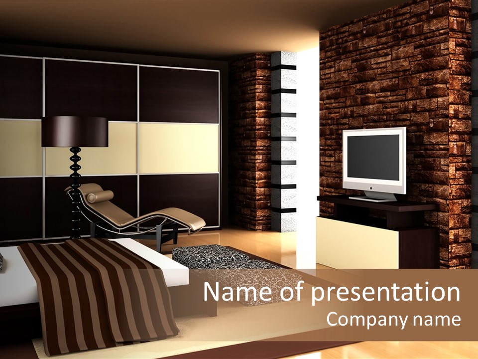 A Bedroom With A Brick Wall And A Television PowerPoint Template